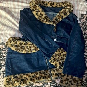 2 Piece Cropped Cheetah Print Denim Jacket x Skirt Set